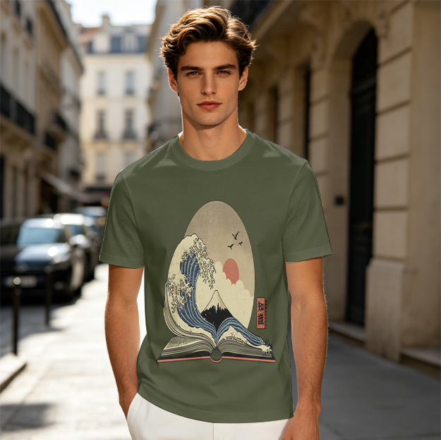 Olive T-shirt with Great Wave off Kanagawa book print design