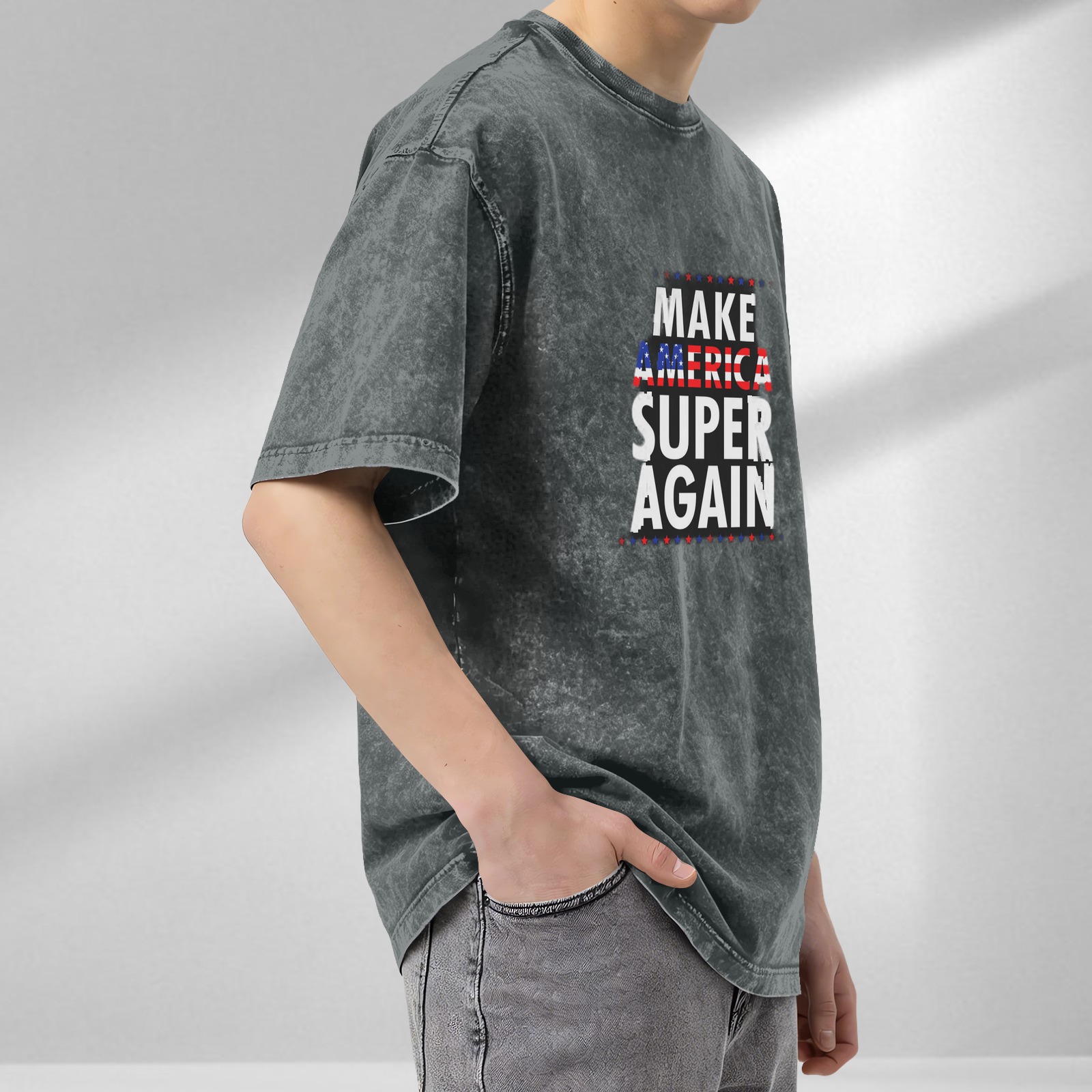 Oversized dark wash t-shirt with Make America Super Again patriotic print