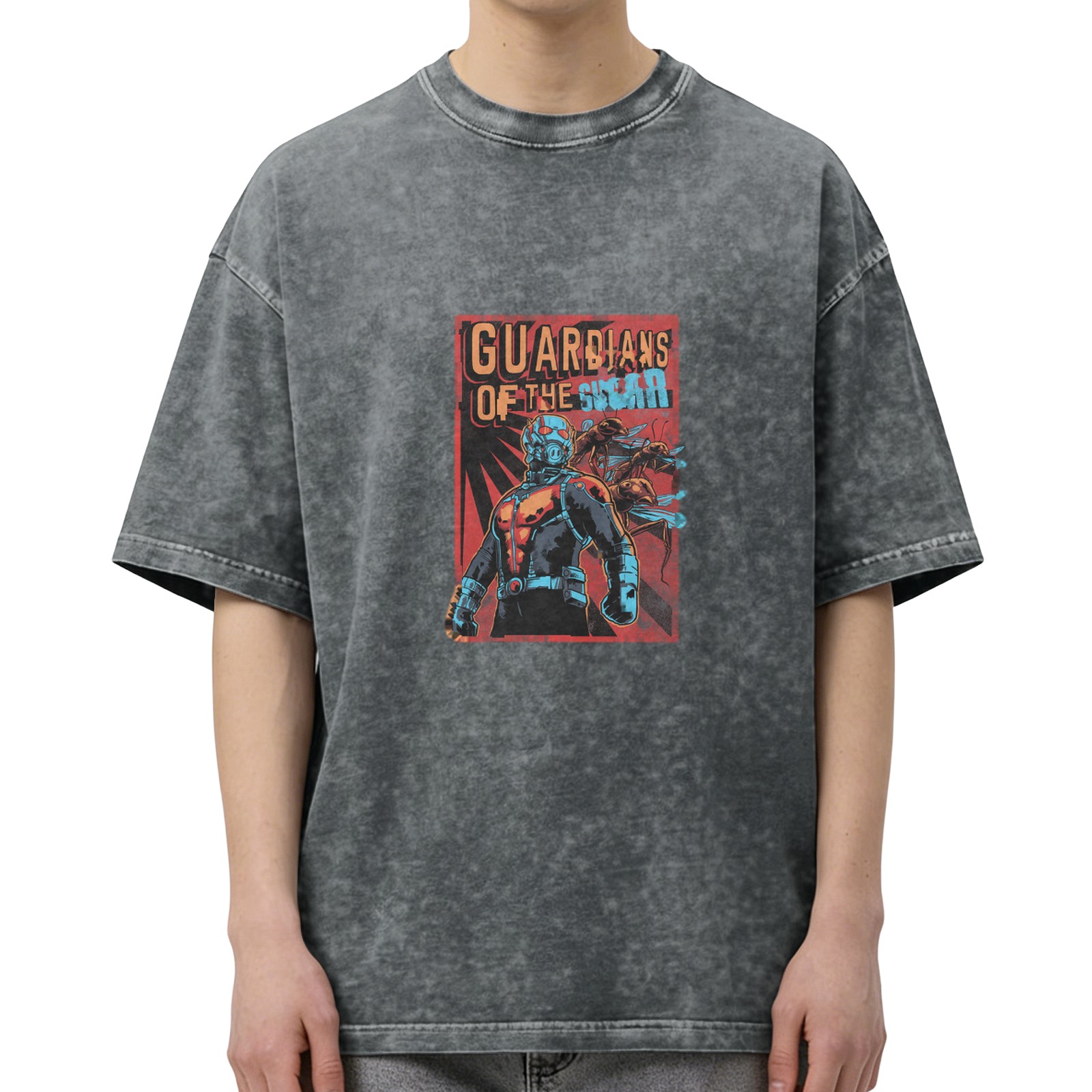 Washed black graphic t-shirt with Guardians of the Galaxy style superhero print