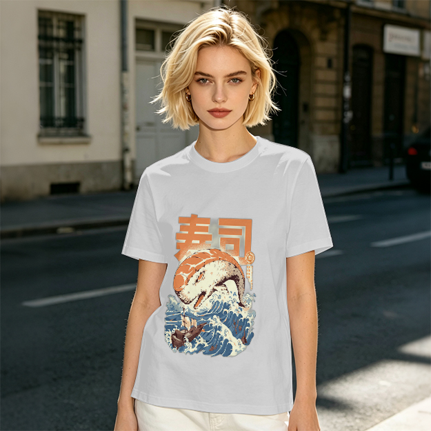 Olive t-shirt with sushi monster and great wave graphic