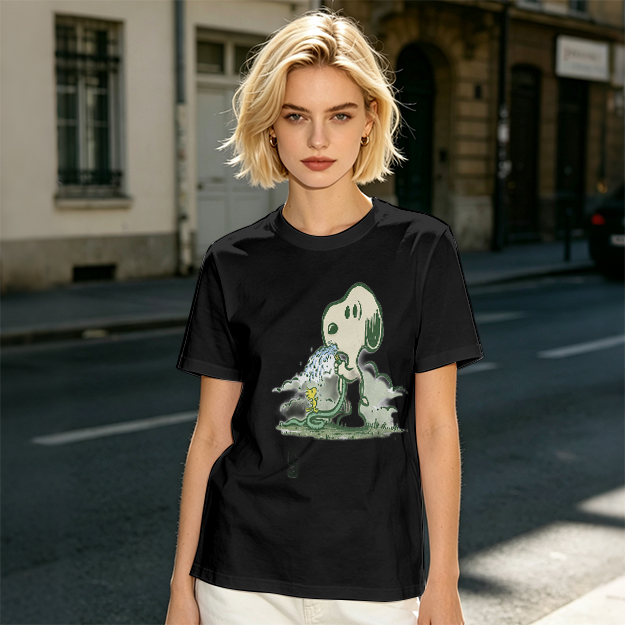 Olive T-shirt with Snoopy and Woodstock Watering Print
