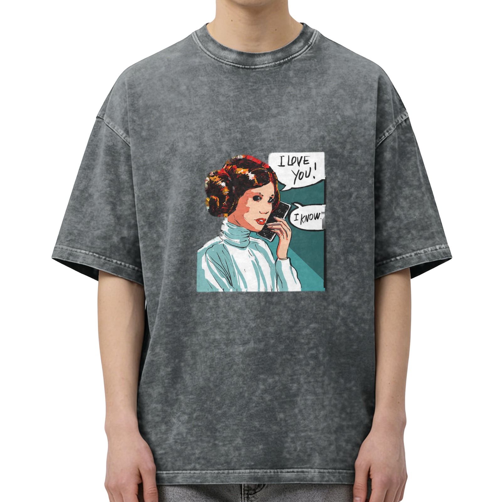 Washed Black T-Shirt with Princess Leia I Love You I Know Artwork