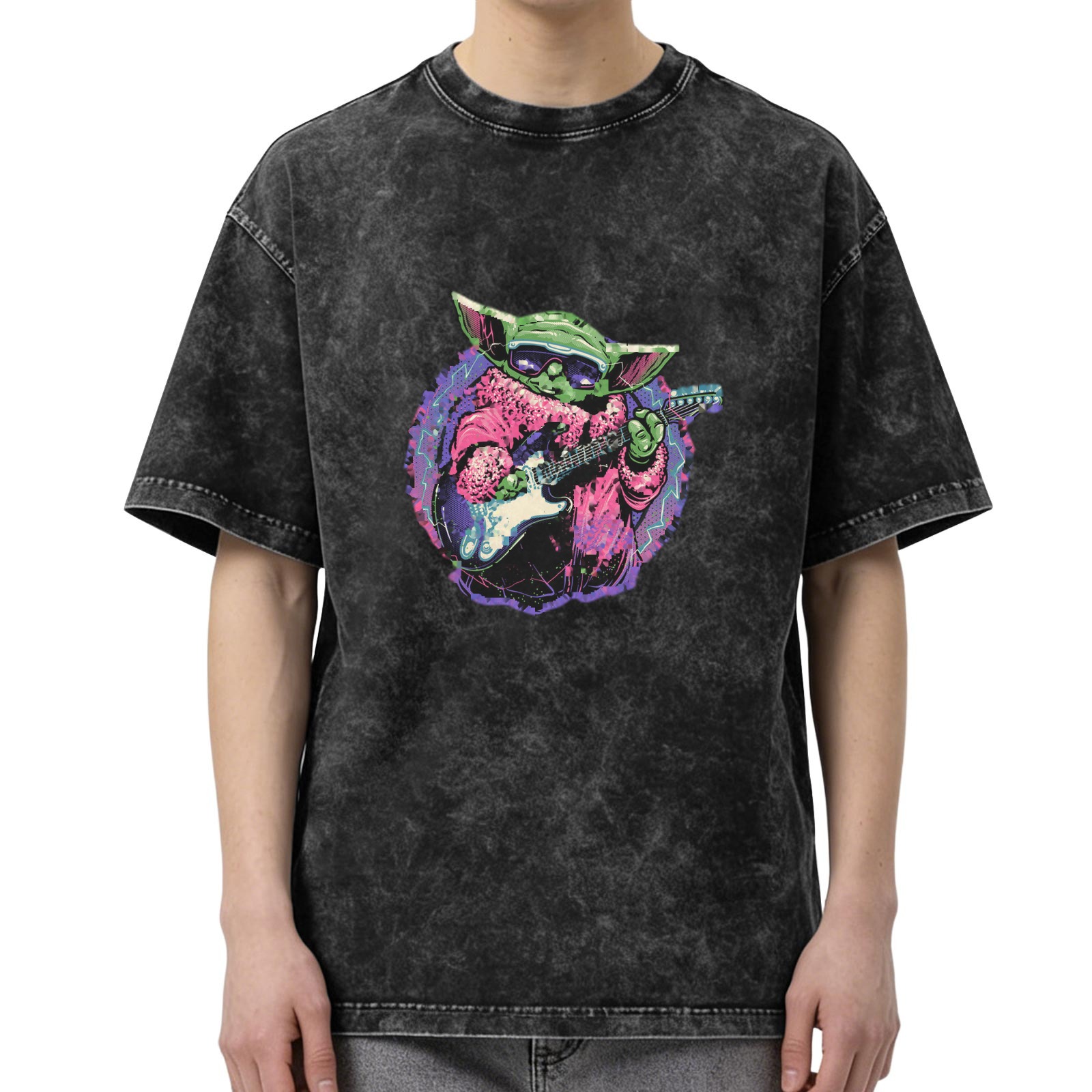 Oversized Acid Wash T-Shirt With Cool Grogu Playing Electric Guitar