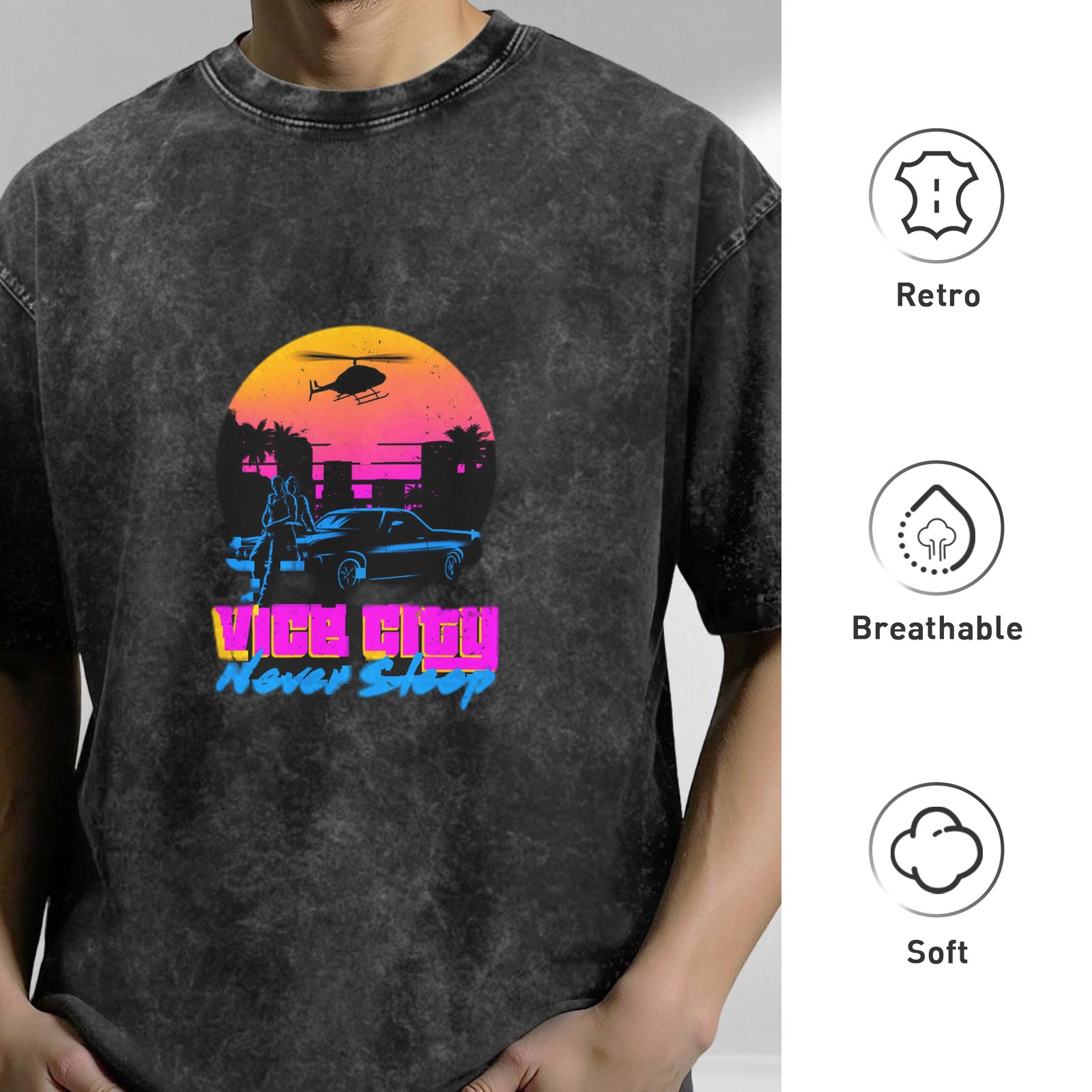 Vice City Never Sleep Retro Graphic Acid Wash T-Shirt