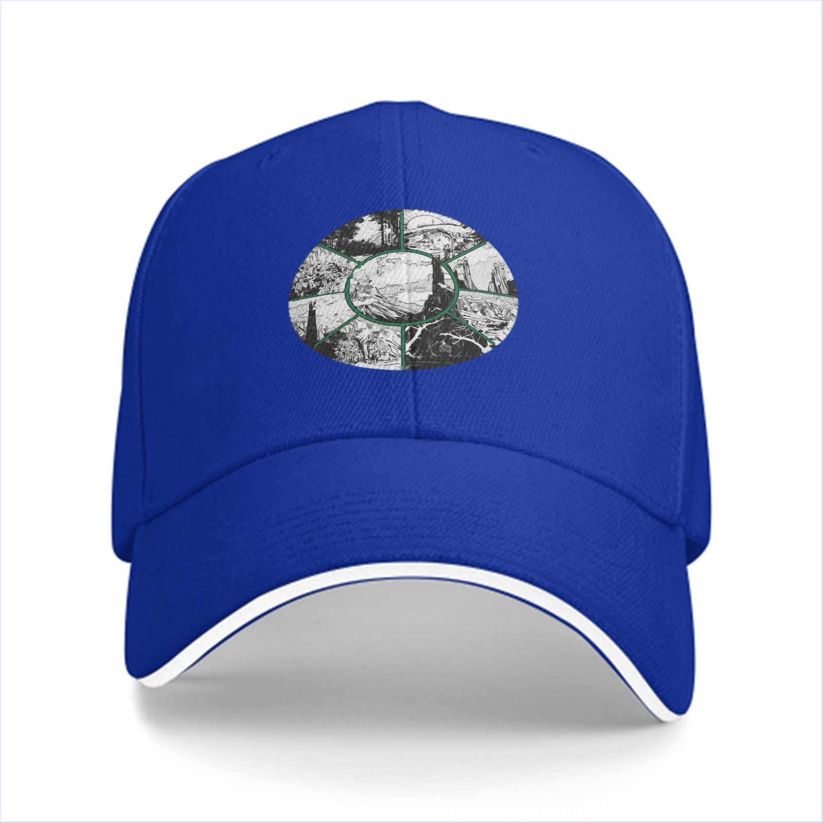 Black Baseball Cap With Circular Nature Landscape Graphic