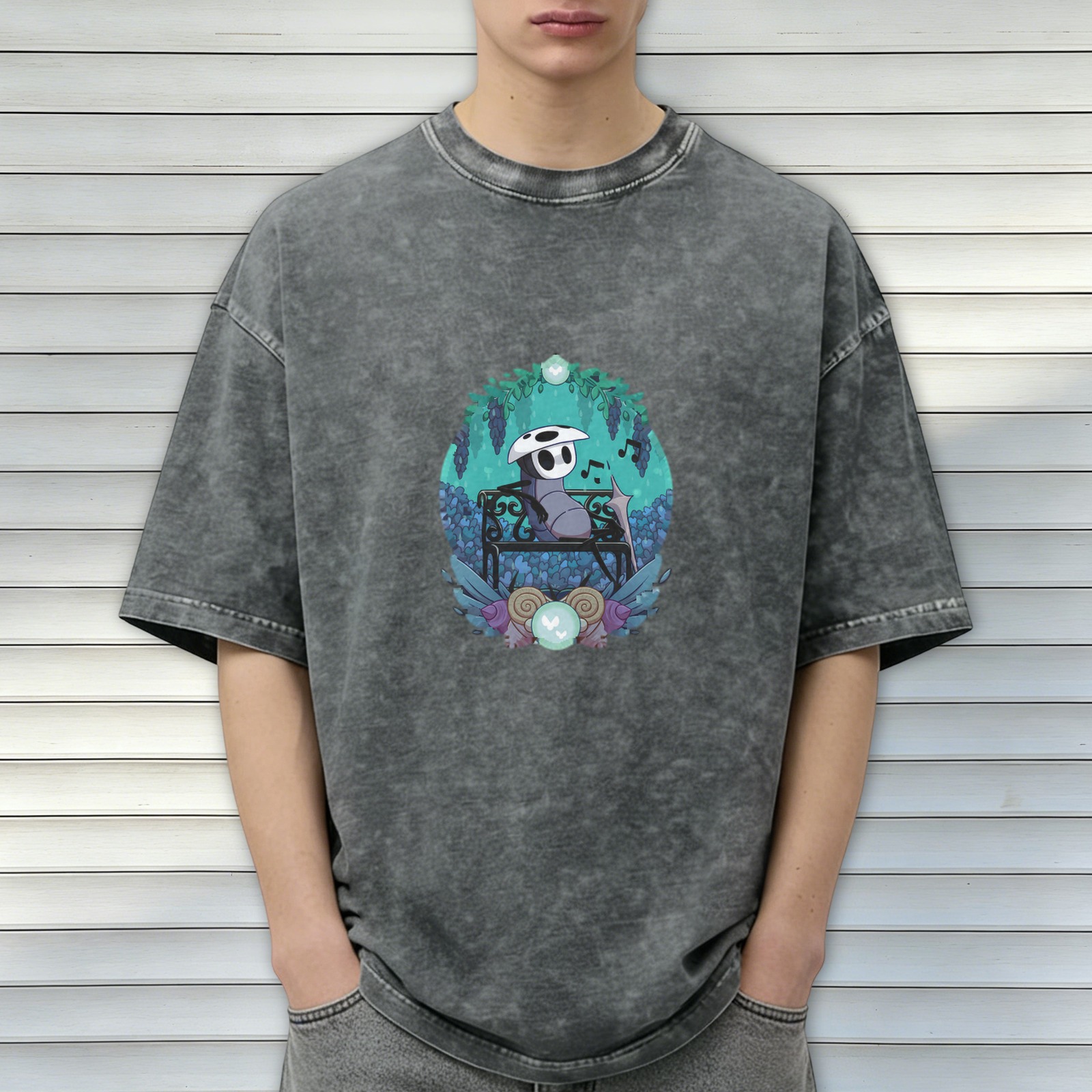 Hollow Knight Quirrel on Bench Graphic Stonewashed Black T-Shirt