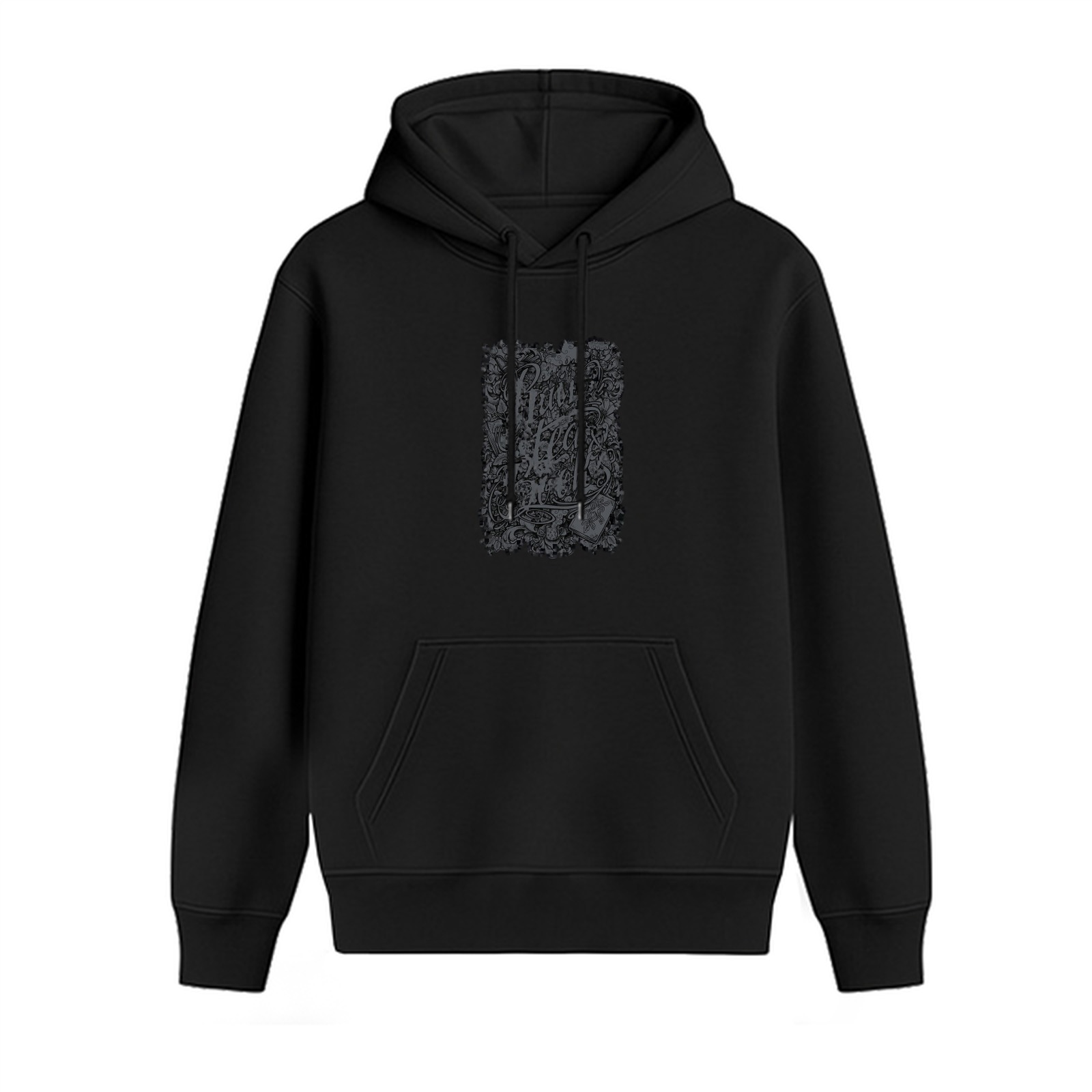 Black Hoodie With Subtle Dark Graphic Print On Chest