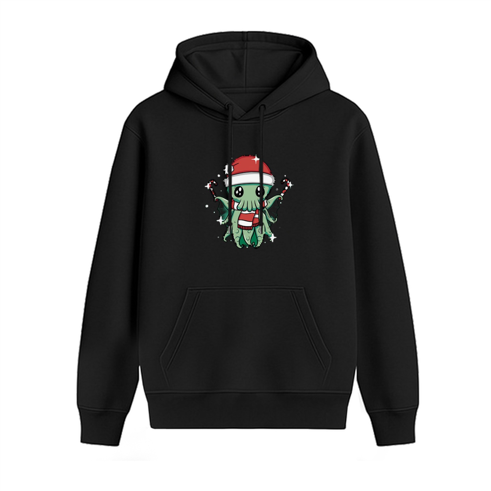 Black Hoodie With Cute Christmas Octopus Graphic