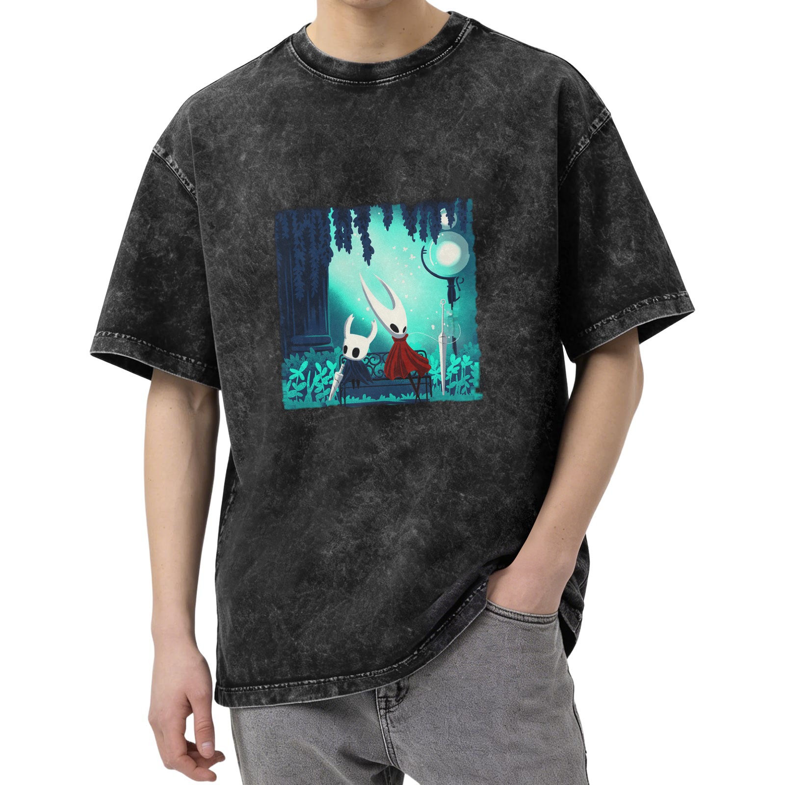 Hollow Knight Themed Dark Wash Graphic T-Shirt