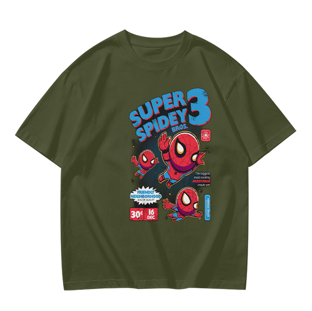 Olive T-shirt with Super Spidey 3 Chibi Spider-Man Graphic