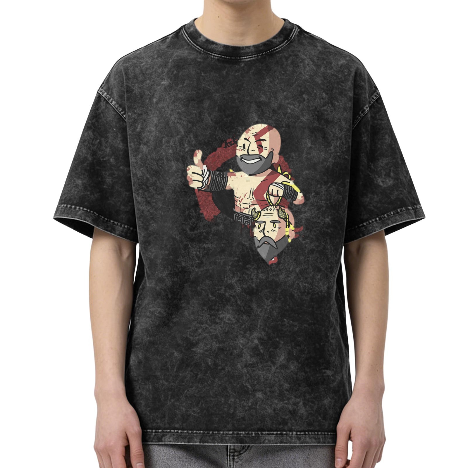 Washed Black T-Shirt with Chibi Kratos Holding Mimir Head Graphic