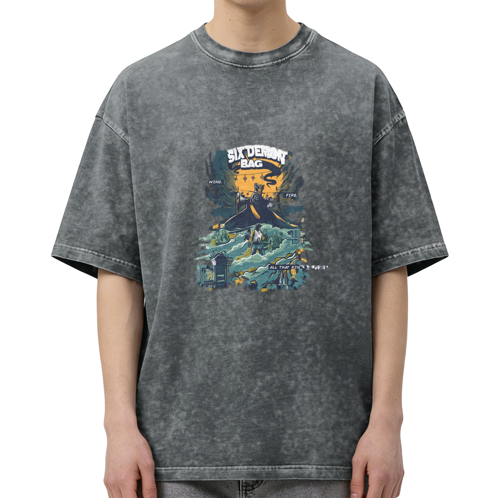 Distressed washed black loose short-sleeved T-shirt with 'SIX DEMON BAG' themed illustration printed on the front