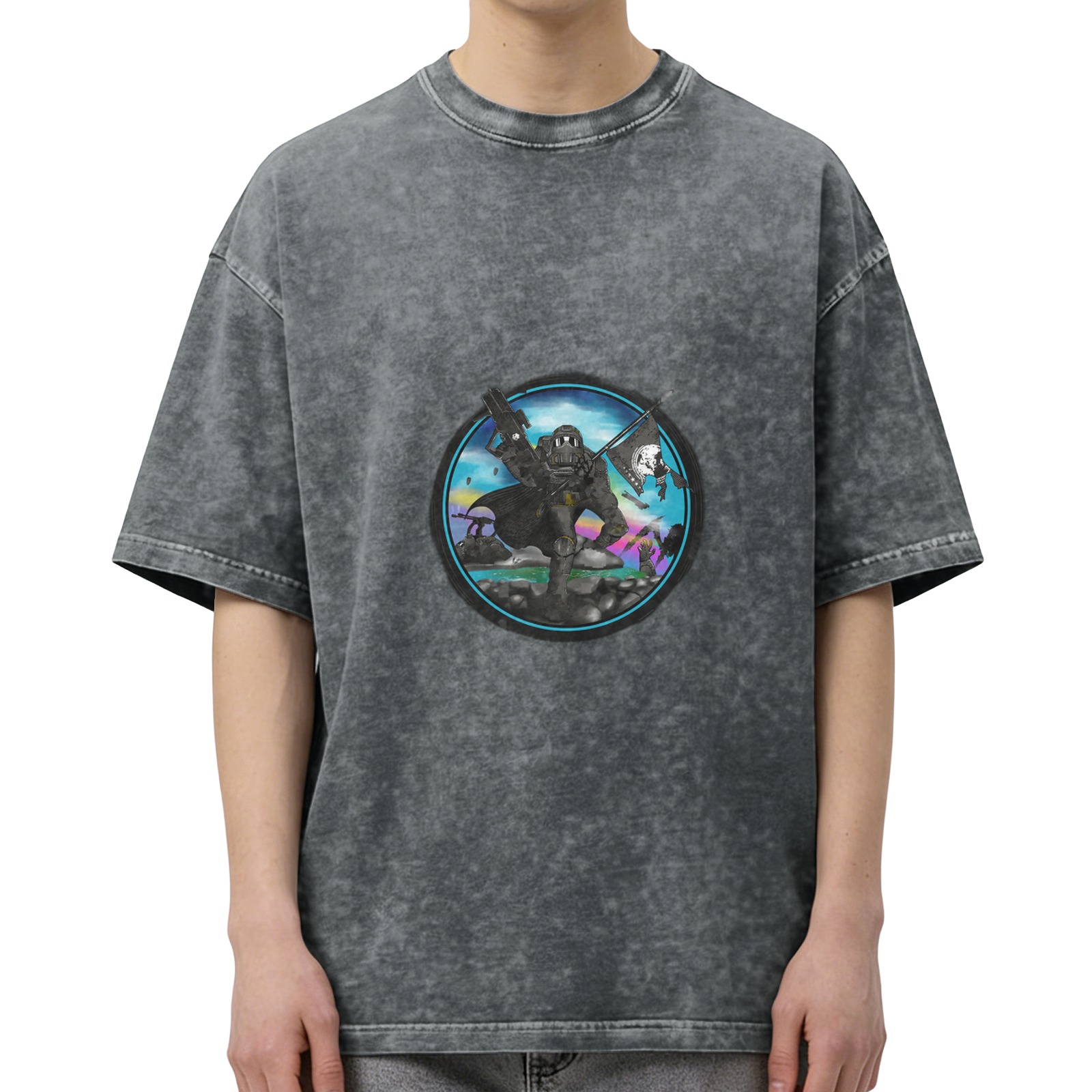 Oversized Black Acid Wash T-Shirt With Cyber Gorilla Pirate Graphic