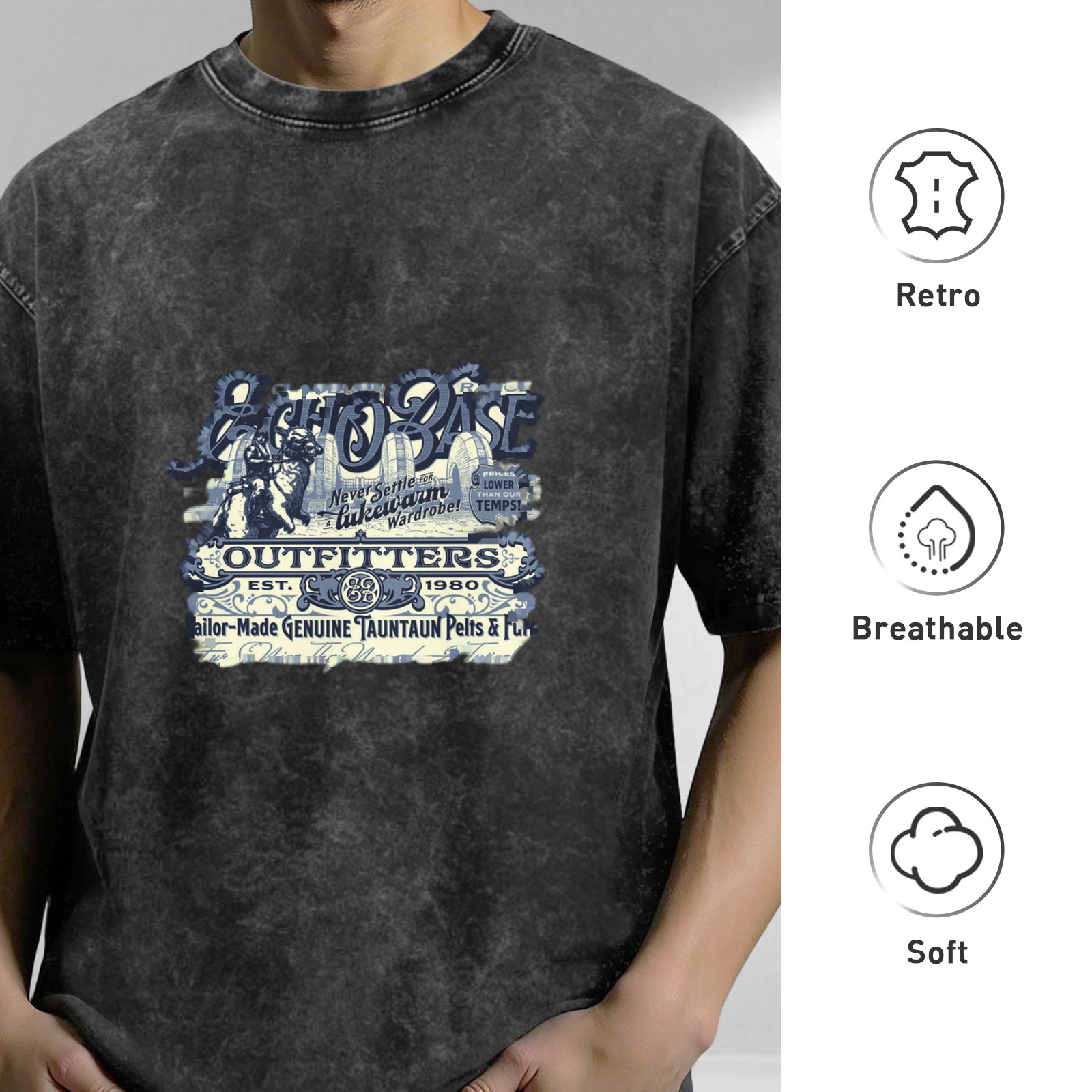 Distressed washed black round neck short-sleeved T-shirt themed printed outdoor style top