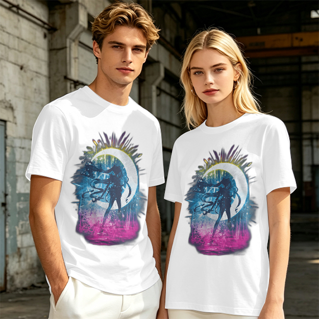 Olive T-Shirt with Crescent Moon Anime Character Silhouette Art