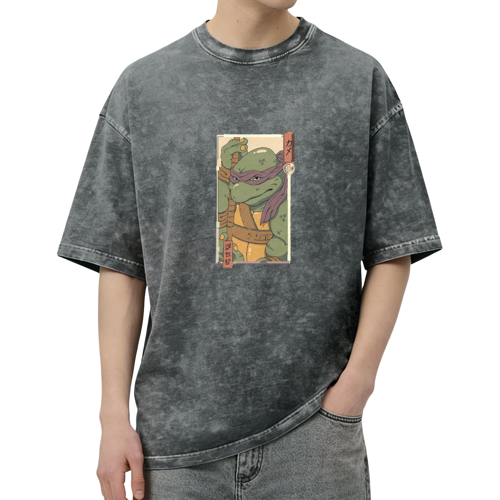 Washed Black Oversized T-Shirt with Purple Mask Ninja Turtle Graphic