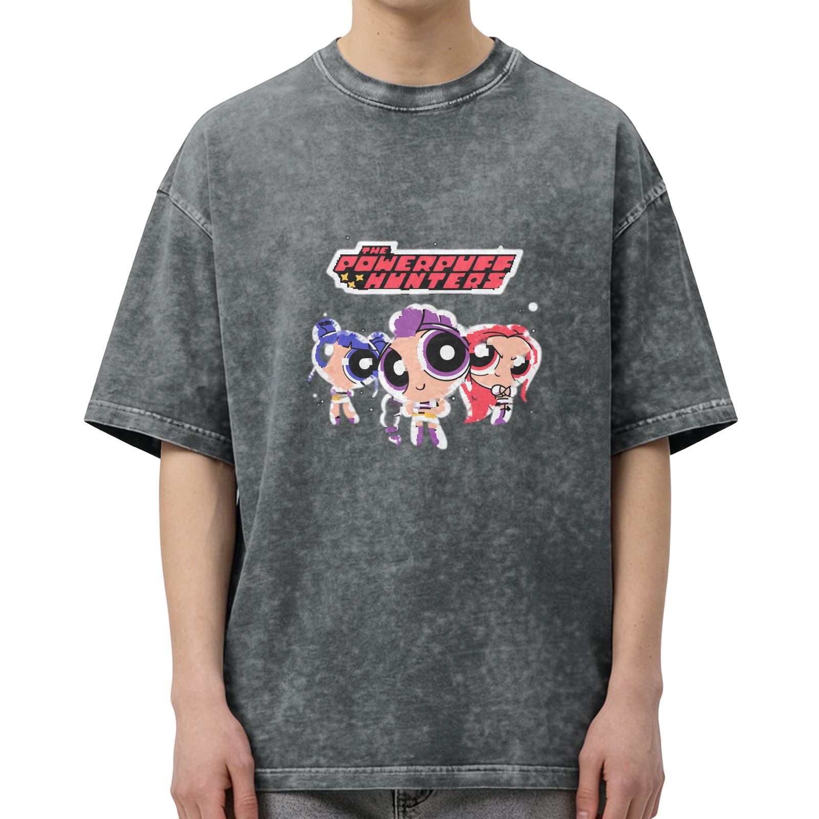 Powerpuff Hunters Graphic Washed Black Oversized T-Shirt