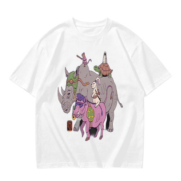 Olive T-Shirt With Whimsical Fantasy Animal Group Print