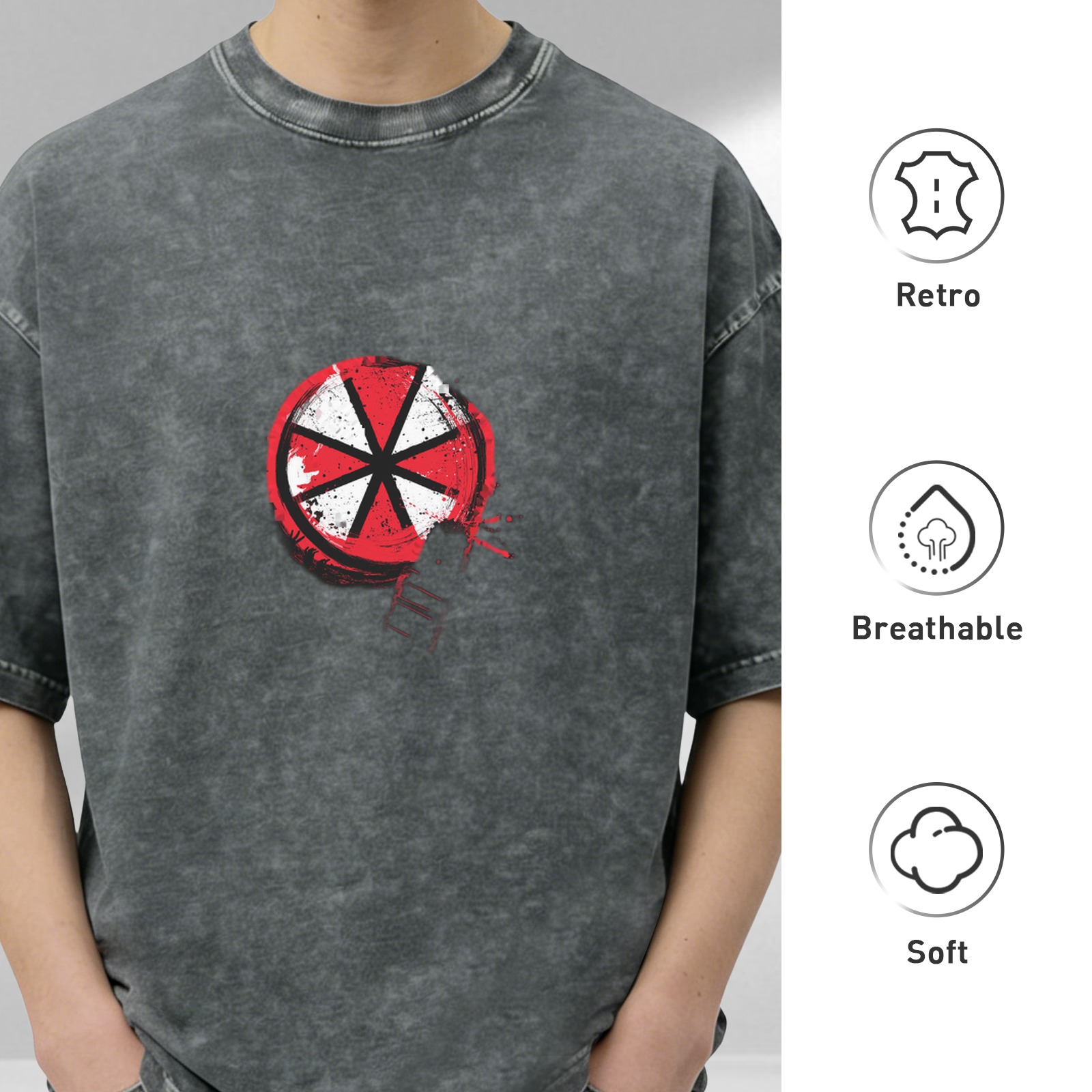 Oversized Acid Wash Black T-Shirt with Red White Circular Graphic