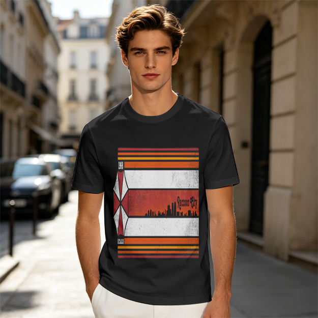 Olive T-Shirt With Retro Striped City Skyline Graphic Print