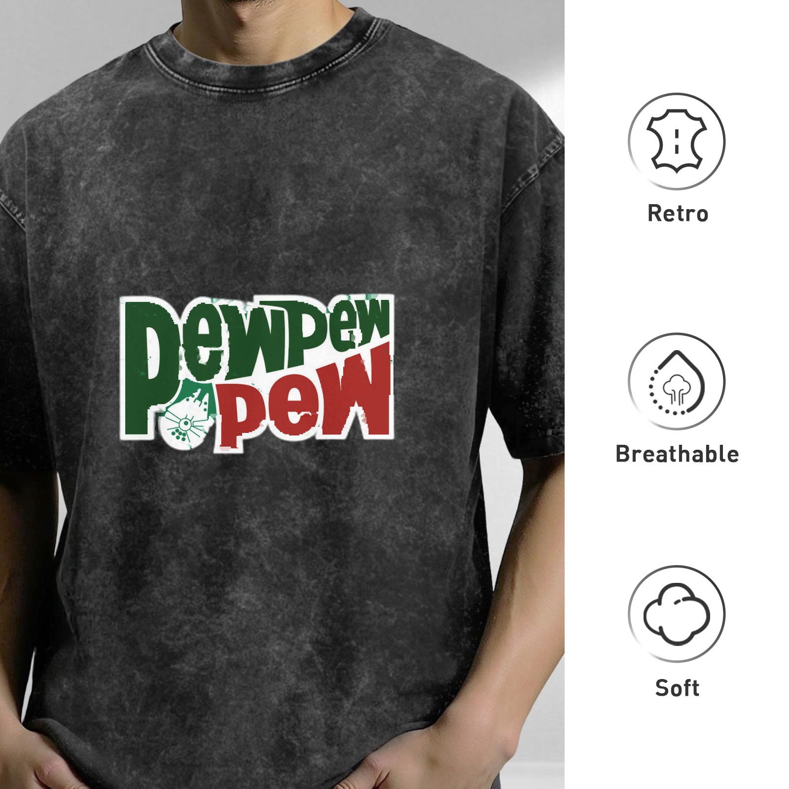 Distressed washed black loose short-sleeved T-shirt Fun Pew Pew Pew printed crew neck top