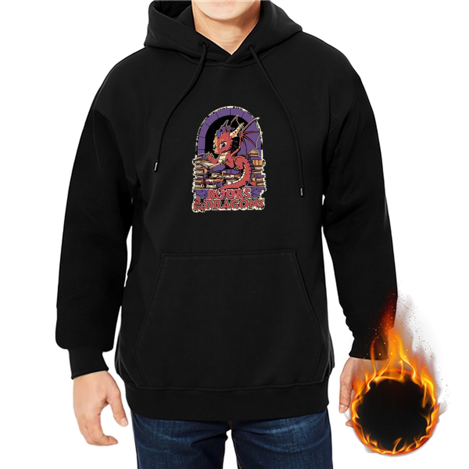 Black Hoodie with Cute Red Dragon Reading Books Graphic