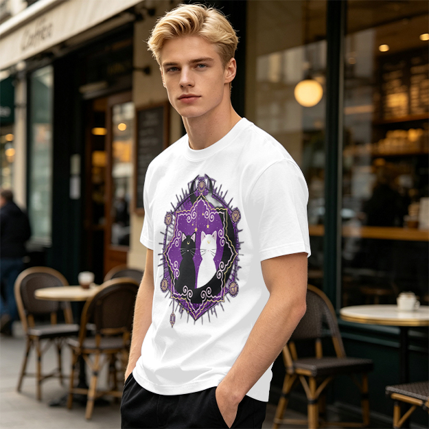 Olive T-Shirt With Celestial Black And White Cat Graphic
