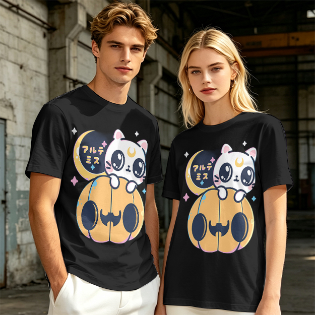 Cute white cat on jack-o'-lantern Halloween graphic tee