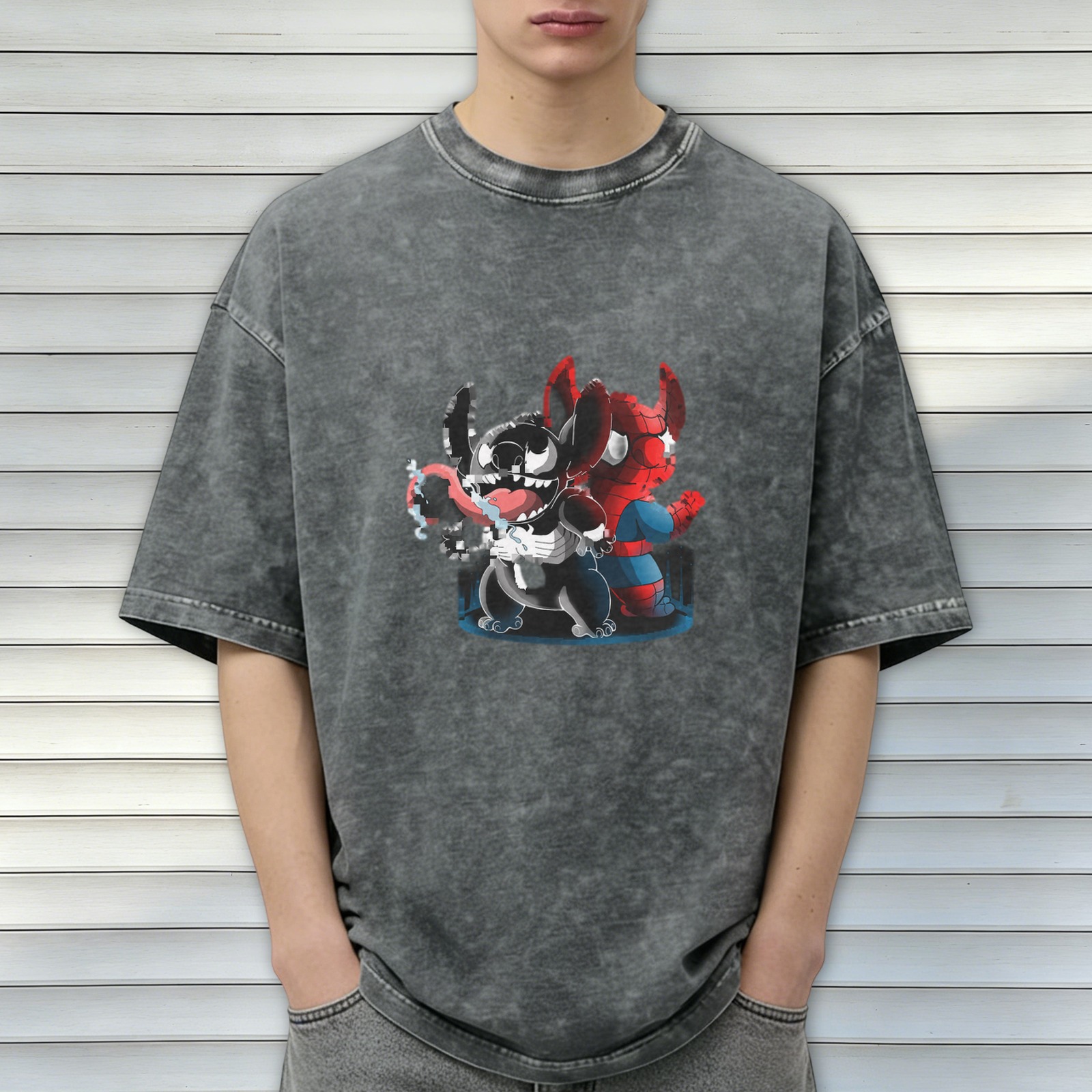 Oversized Acid Wash T-Shirt with Stitch Venom and Spider-Man Graphic