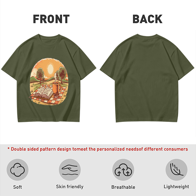 Olive T-Shirt with Sunset Picnic Book and Coffee Art