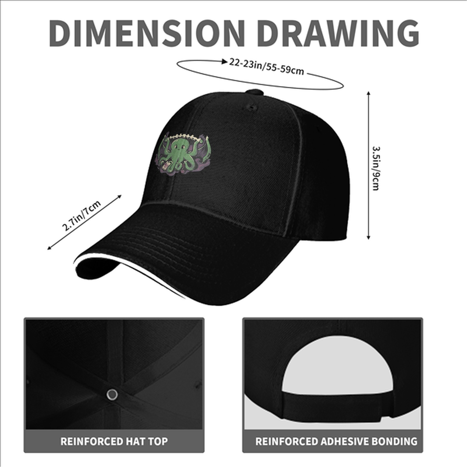 Black baseball cap with cute green octopus graphic design