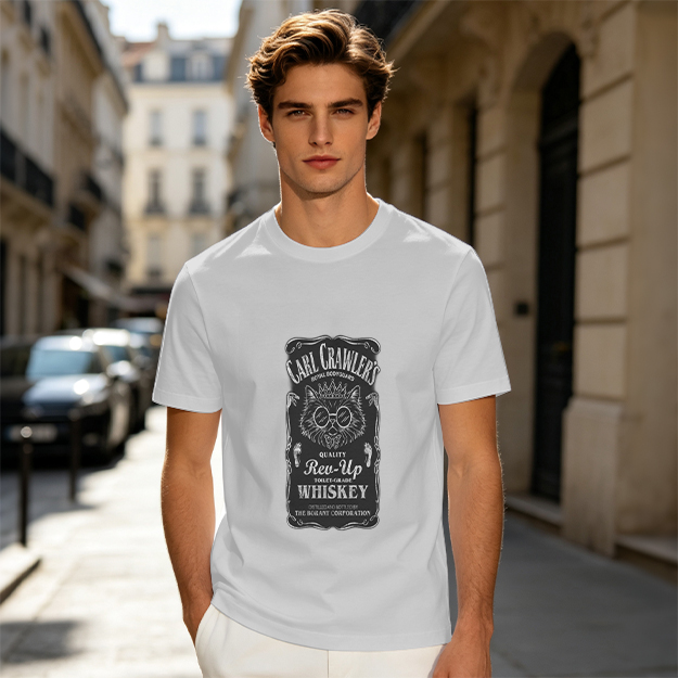 Olive T-Shirt with Carl Crawler's Whiskey Cat Graphic Print