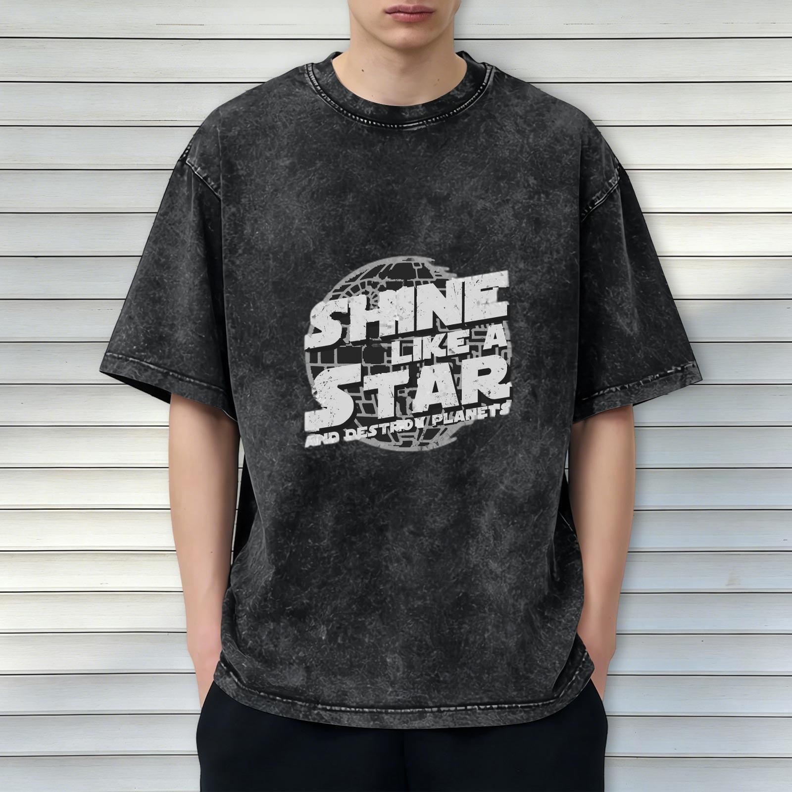 Washed Cotton T-Shirt With Shine Like A Star Destroy Planets Print
