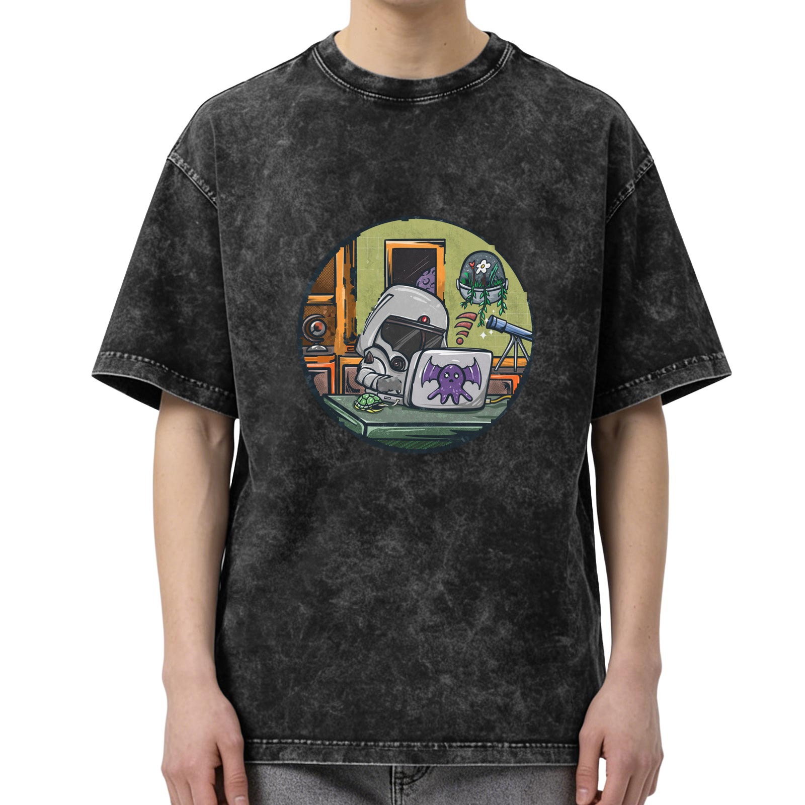 Astronaut Helmet at Desk with Laptop and Telescope Graphic T-Shirt