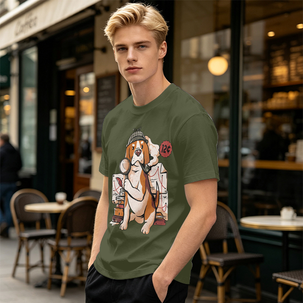 Olive T-Shirt With Cartoon Detective Beagle Dog Print