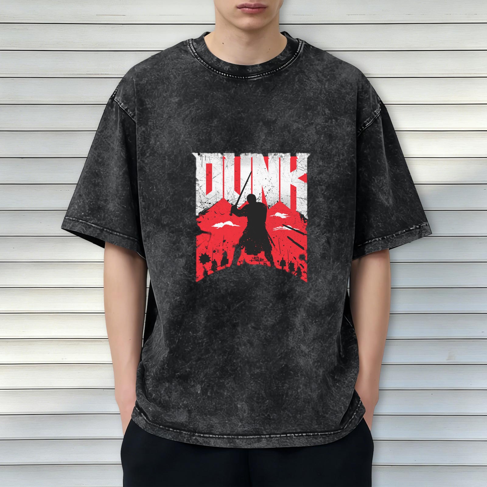 Oversized Dark Wash T-Shirt With Warrior Dunk Graphic Print