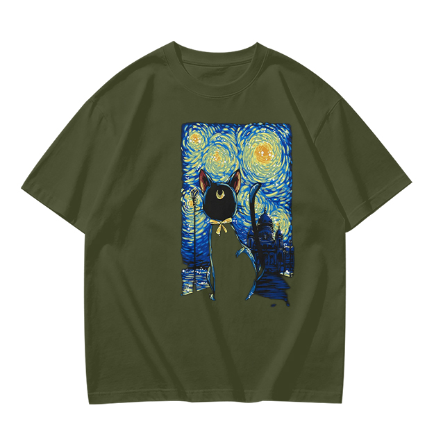 Olive T-Shirt with Starry Night Cat Art Print