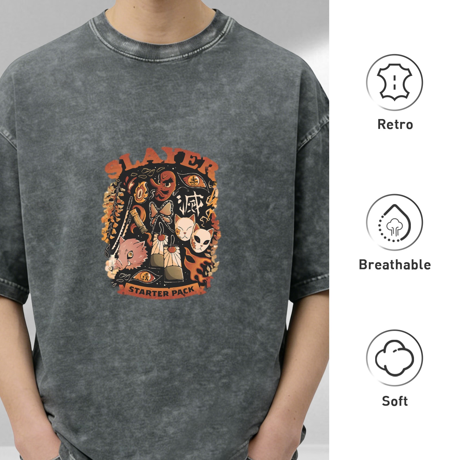Demon Slayer themed distressed washed short-sleeved T-shirt anime peripheral loose casual top