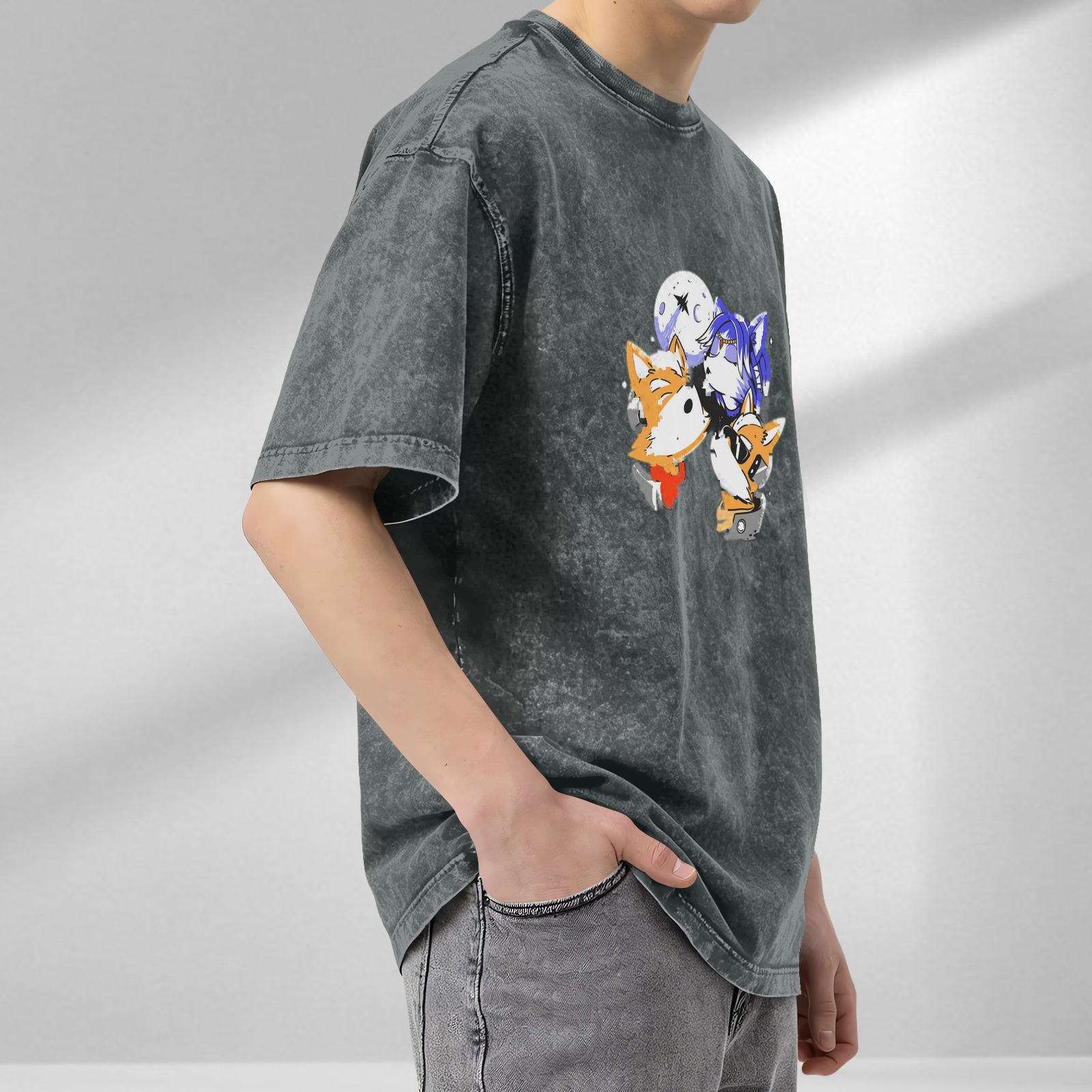 Oversized Acid Wash T-Shirt With Space Fox Cartoon Graphic Print