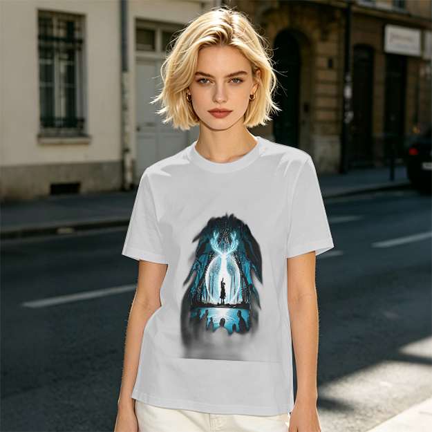 Olive T-Shirt With Glowing Deer Patronus Silhouette Art Print