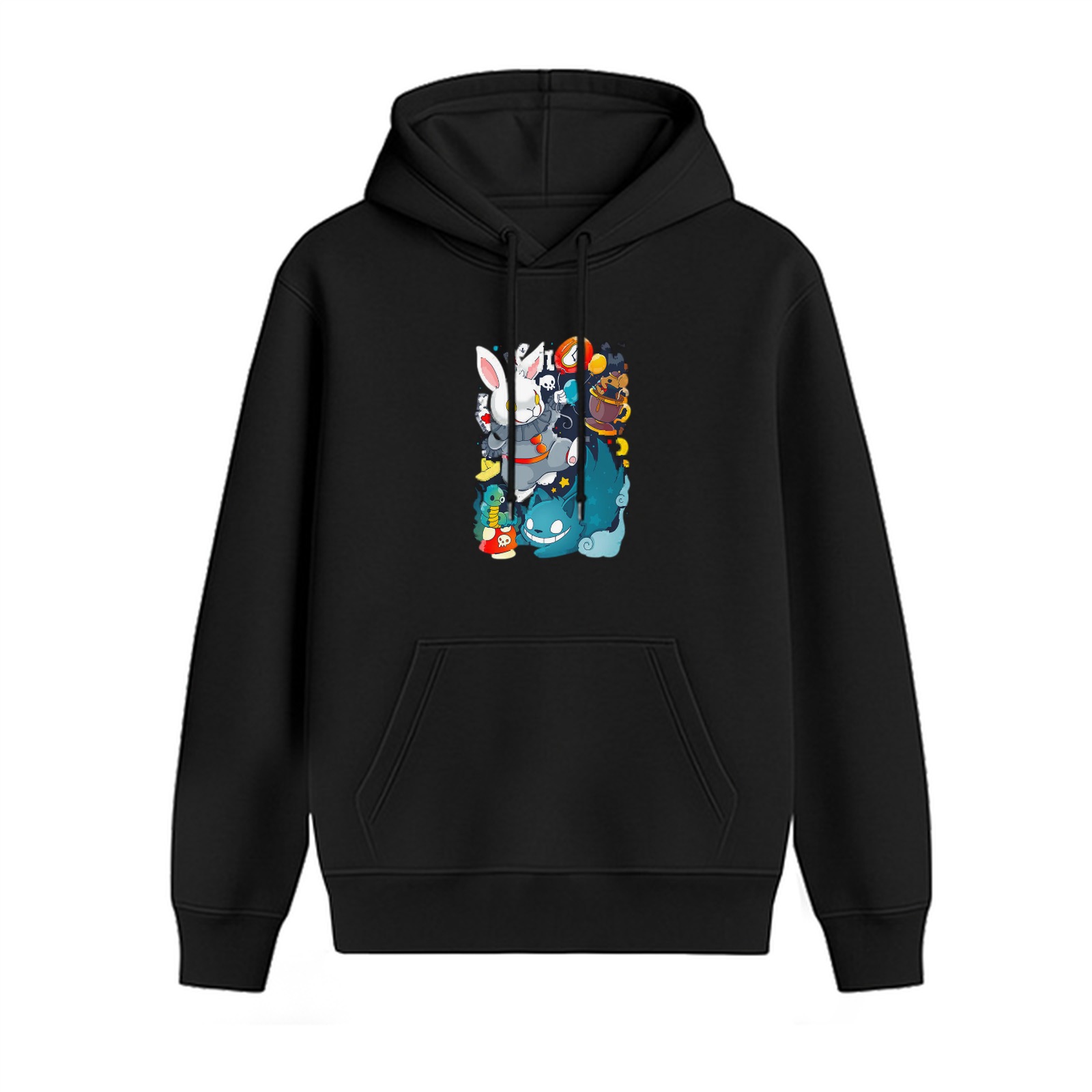 Black hoodie with whimsical fantasy creature graphic print