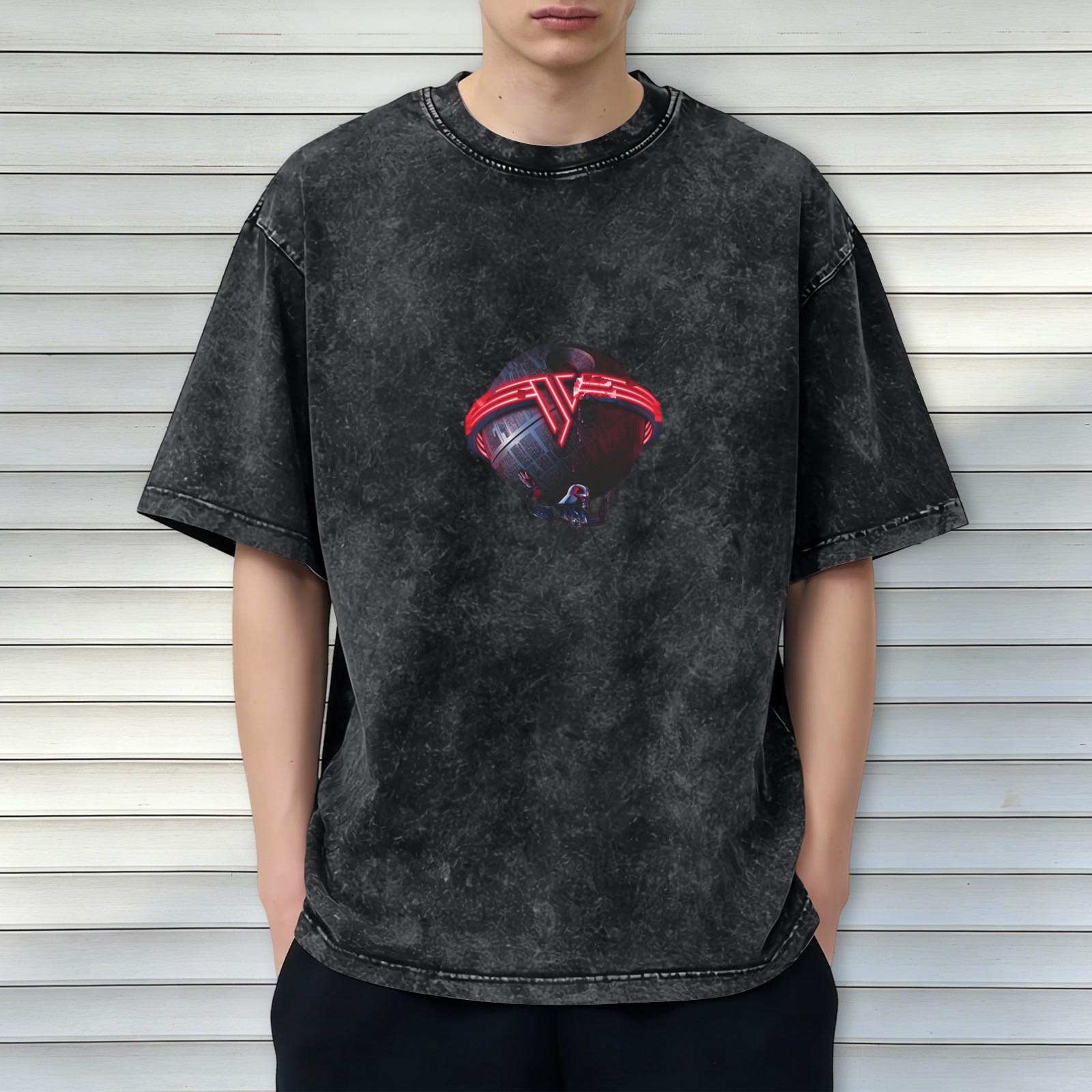 Distressed washed black loose short-sleeved T-shirt Star Wars themed print
