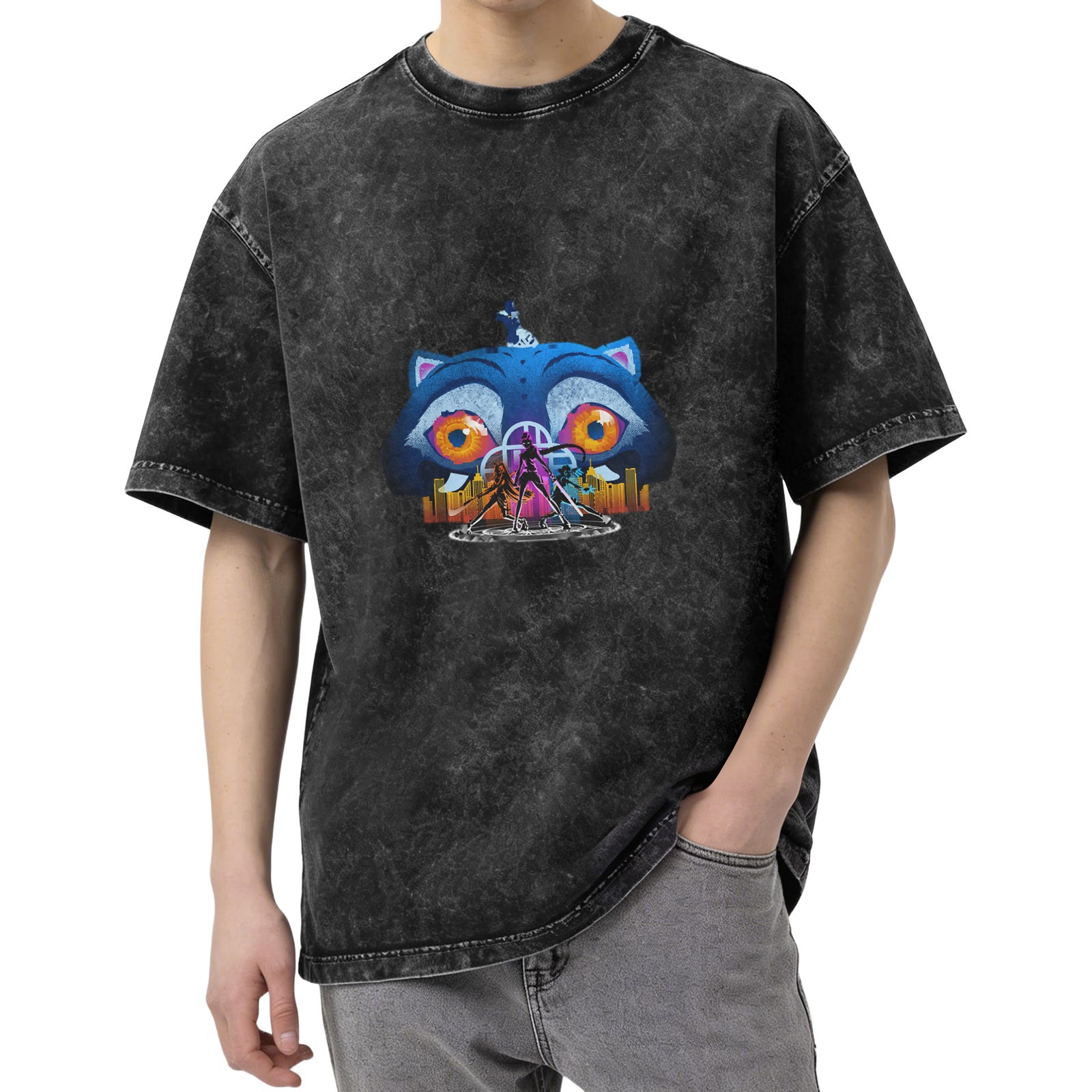 Washed black graphic t-shirt with stylized cat and city design
