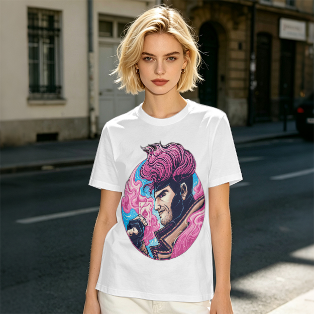 Olive T-Shirt With Pink Haired Superhero Character Art Print
