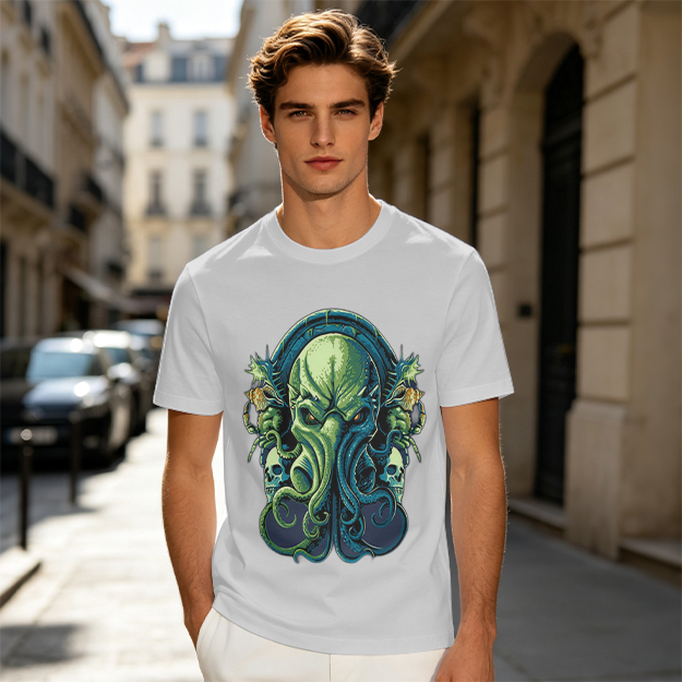 Olive Green T-Shirt With Cthulhu Skull Graphic Print