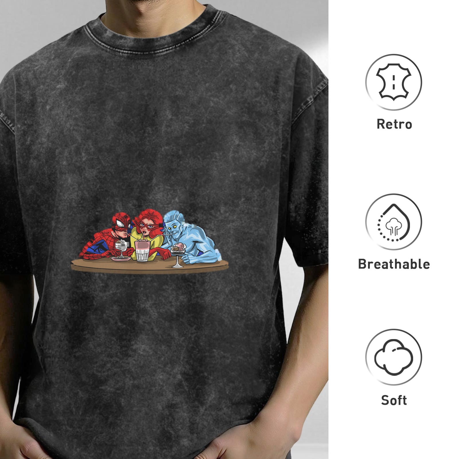 Washed Black T-Shirt with Superhero Characters at a Bar Table Graphic