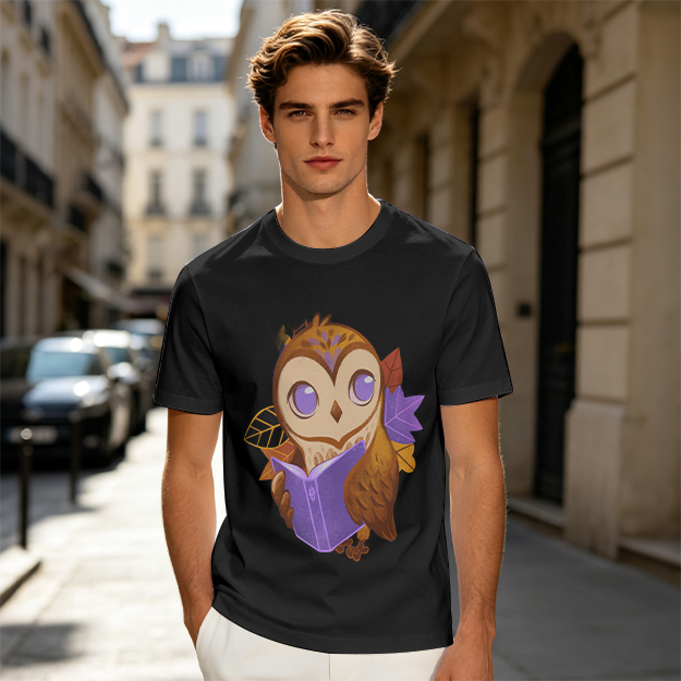 Owl Reading Book Autumn Leaves Graphic Tee