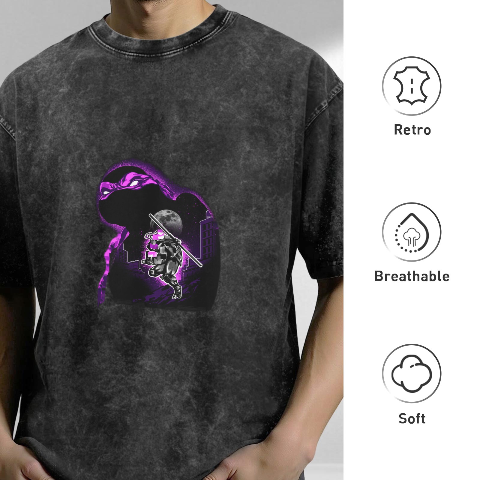 Washed black graphic t-shirt with purple ninja turtle design