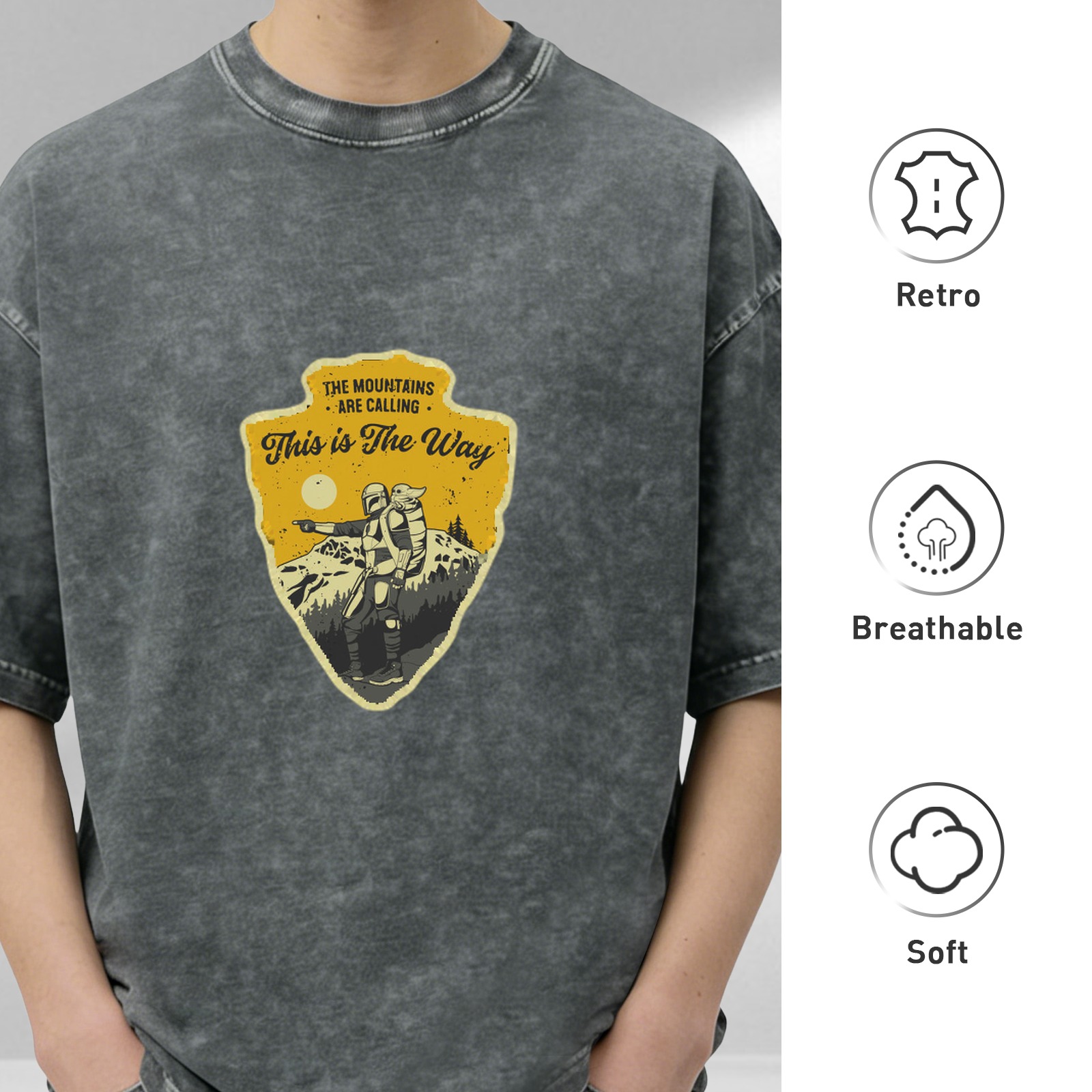 Distressed washed black short-sleeved T-shirt Mandalorian themed outdoor mountaineering print Loose round neck top