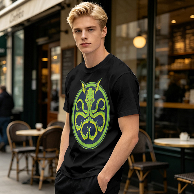Olive Green T-Shirt with Octopus Demon Graphic Print